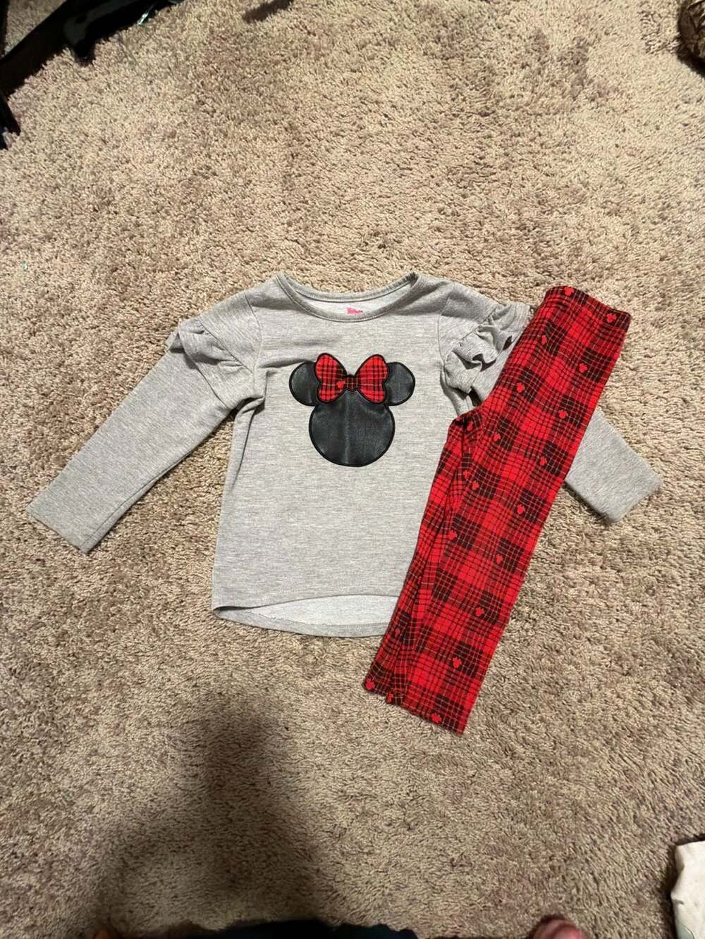 Disney Minnie Mouse Ruffle Long Sleeve Shirt and Plaid Leggings Outfit Set Size